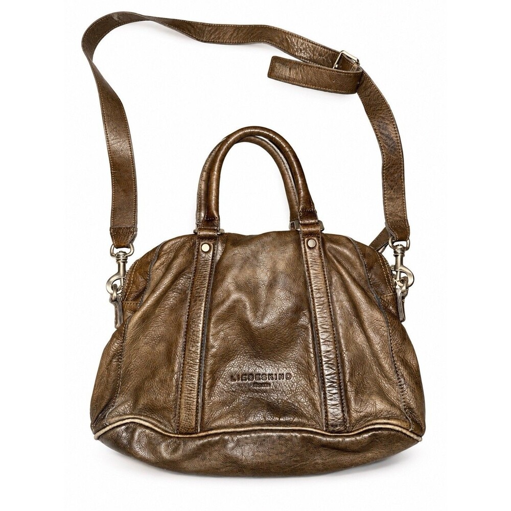 Liebeskind Berlin Bronze Brown Leather Satchel Crossbody Bag Plaid Lining